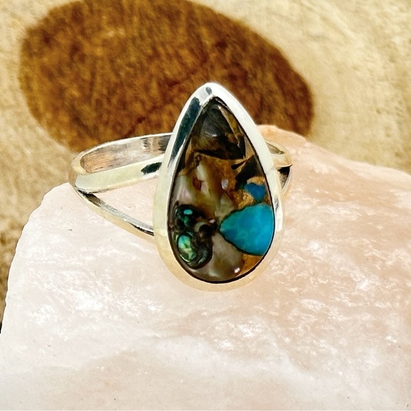 Natural Shell In Blue/Black Turquoise Solid Sterling Silver Ring - Picture 3 of 4